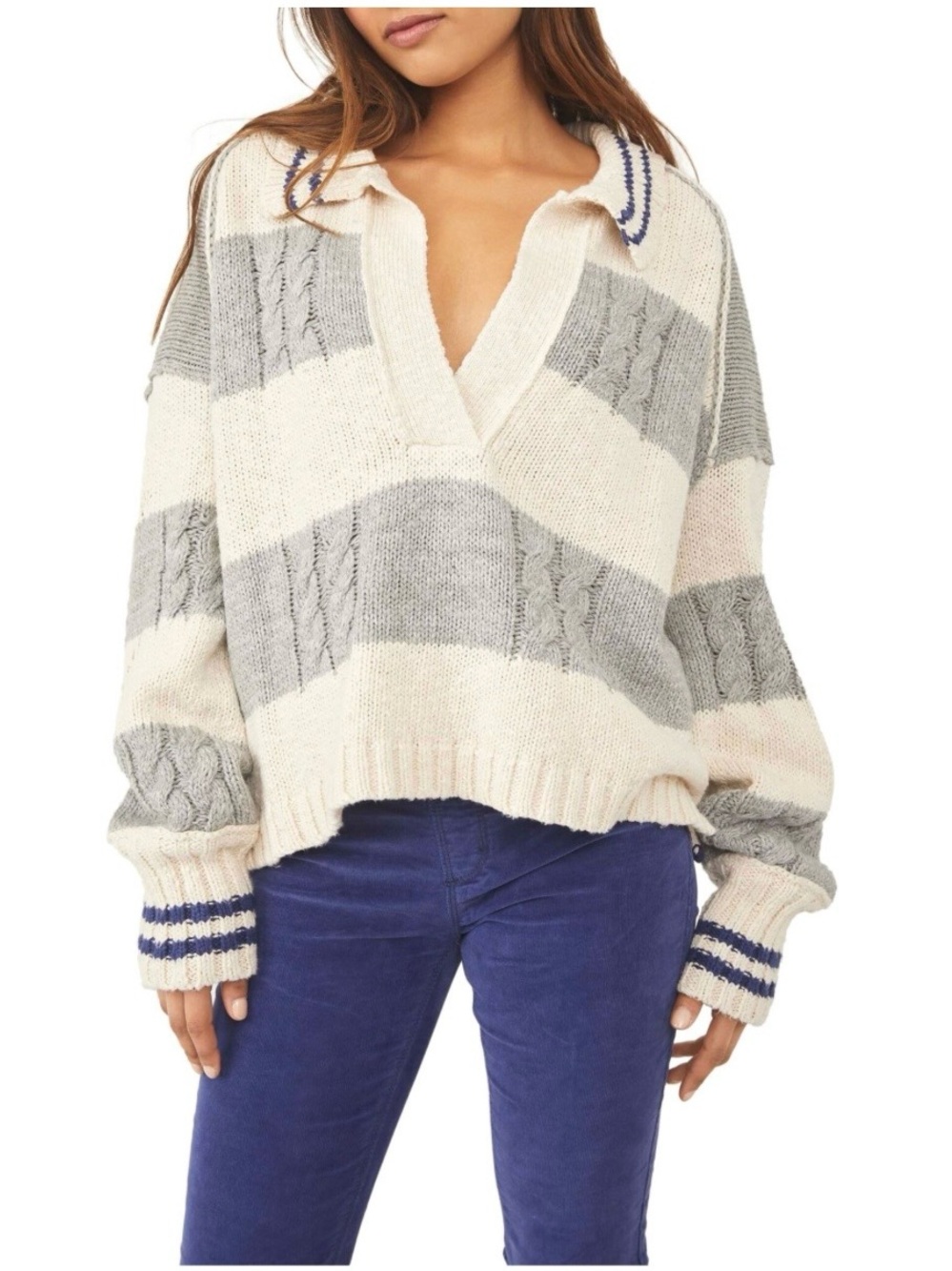 Free People Oversized Cable Knit Striped Sailor Collar Sweater M